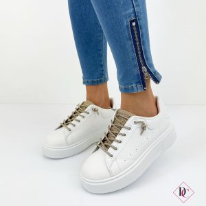 sneakers tennis bianco oro con lacci brillantinati de caro calzature