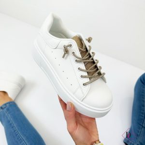 sneakers tennis bianco oro con lacci brillantinati de caro calzature 4